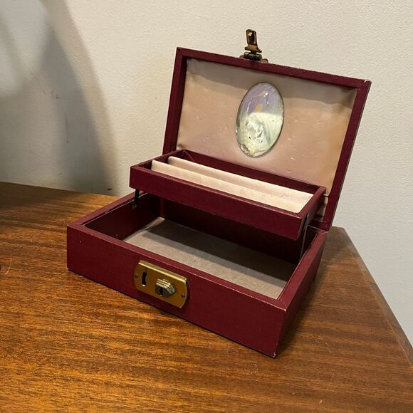 Vintage 50s Leatherette Jewelry Box Burgundy, Satin Lined, Mirror Two-Tiers - Picture 7 of 10